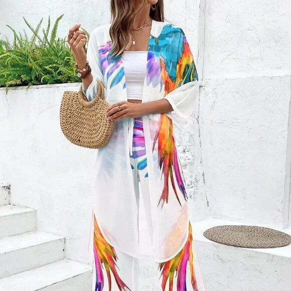 Yellow Casual Women's Tropical Floral 3/4 Sleeve Cardigan & Pants Set - Picture 4 of 6